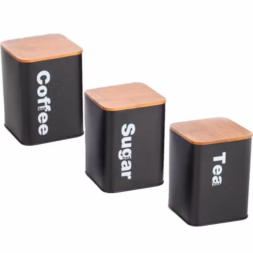 Almineez Set of 3 Black Stainless Steel Tea Coffee Sugar Canisters with Airtight Bamboo Lids – 5
