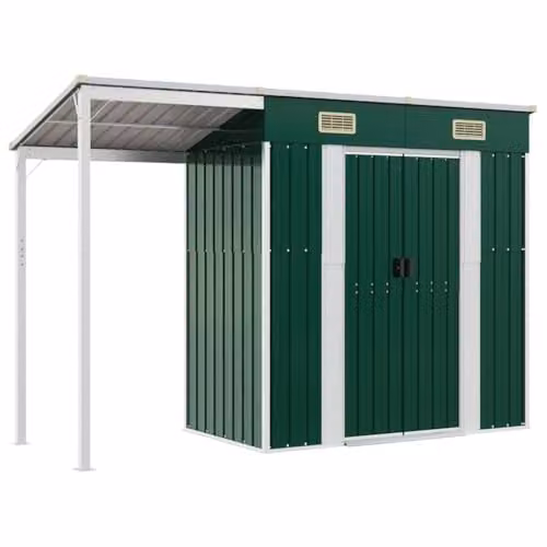 vidaXL Pent Garden Shed with Extended Roof in Green Steel W/D/H: 277 x 107 x 181 cm – 1
