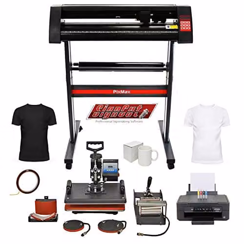 PixMax 5 in 1 Heat Press Swing Transfer Sublimation Vinyl Cutter and Printer Bundle with SignCut Pro Software and Black Accessories