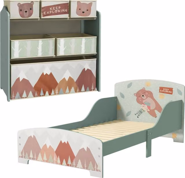 ZONEKIZ Toddler Bed Frame with Integrated Storage Shelf and 6 Fabric Bins, Green