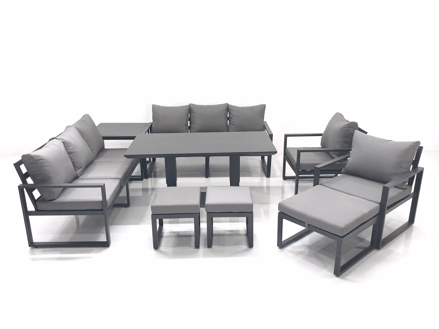 Fimous Garden Sofa Set in Dark Grey with Height Adjustable Dining Table, 2 Chairs and 3 Footstools – 2