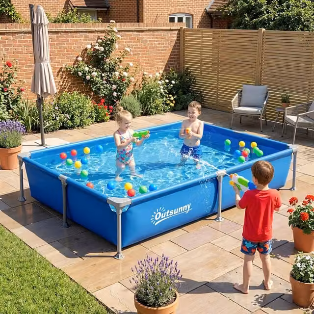 Outsunny Blue Rectangular Metal Frame Swimming Pool with Galvanised Steel Frame