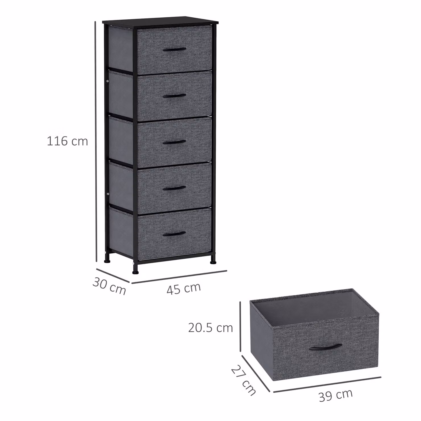 HOMCOM Industrial Fabric Chest of Drawers with 5 Drawers, Steel Frame and Wooden Top, Dark Grey – 3