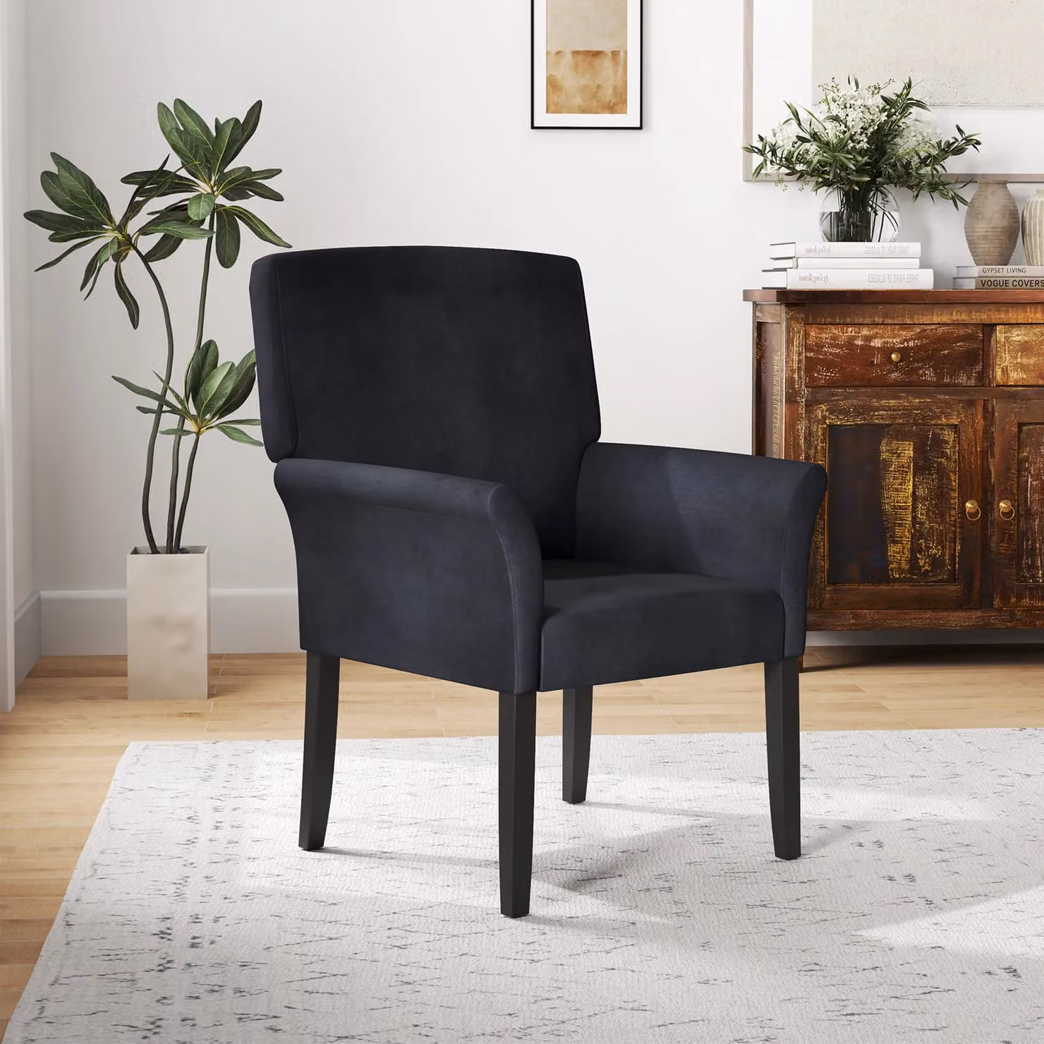 Gymax Black Velvet Padded Reception Chair with Wooden Armrests – 6