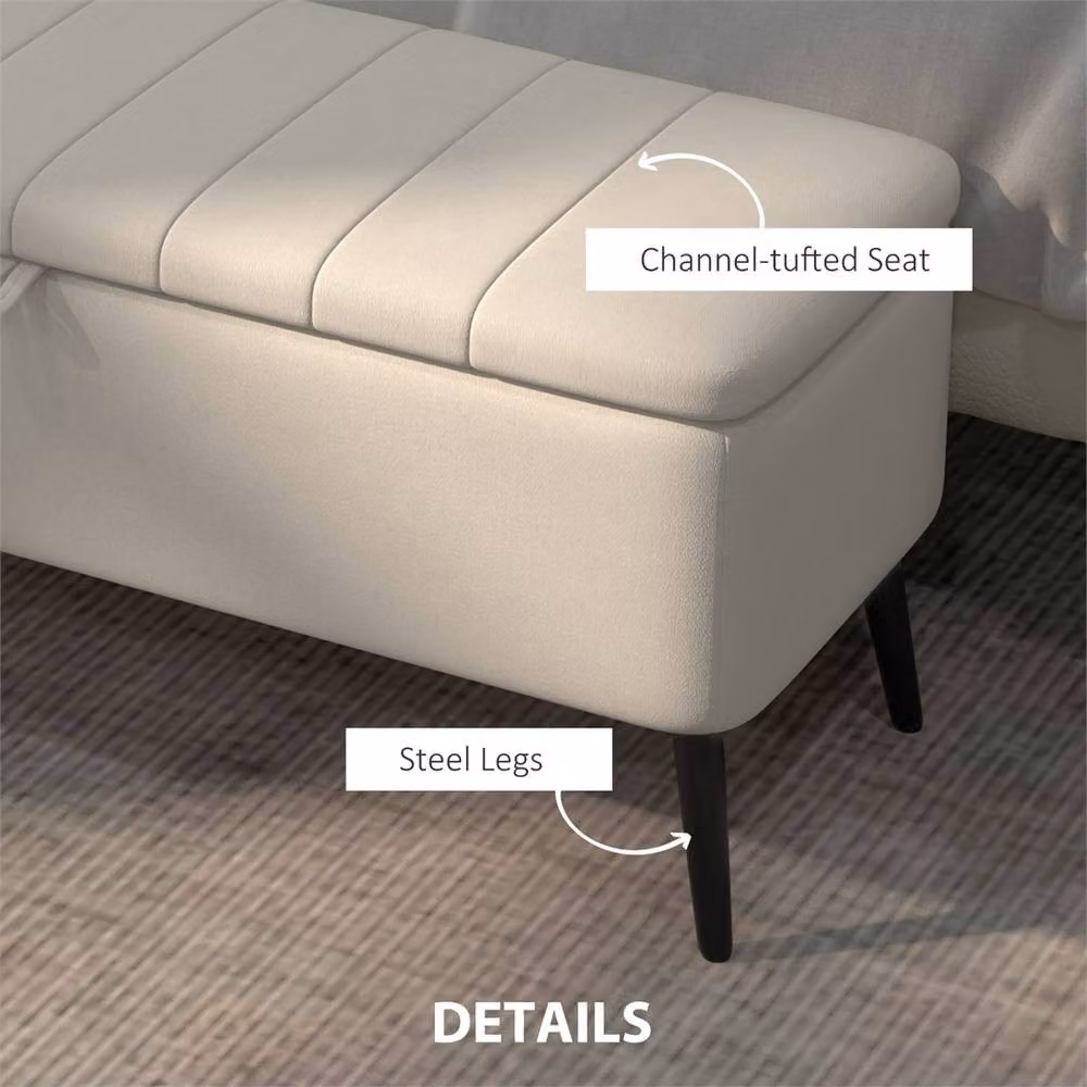 KORVIXA Cream White Linen Fabric Storage Ottoman Bench – 3