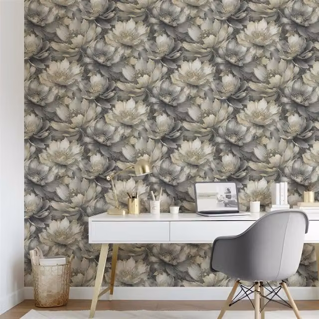 Muriva Botanical Floral Wallpaper in Anthracite, Gold and Grey, Washable Roll