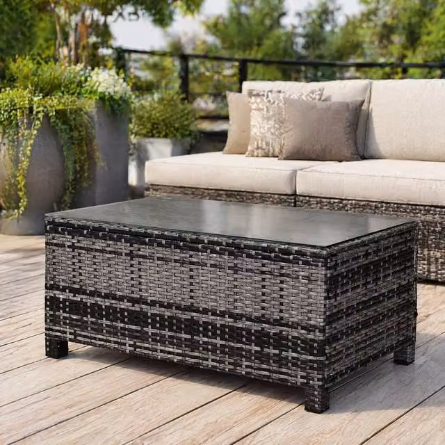 STILVORA Garden Coffee Table with Grey Rattan and Glass Top, W: 85.0 cm, D: 39.0 cm – 1