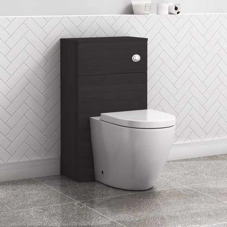 Royal Bathrooms Charcoal Oak BTW Wall Mounted WC Unit with Elva Rimless Ceramic Toilet Pan, Seat and Cistern, Width: 50 cm