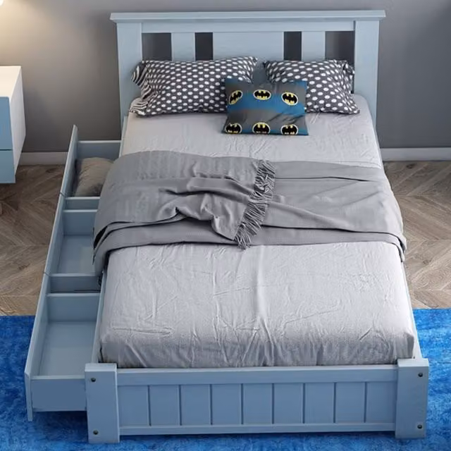 Somnior Beds Ltd Oakmere Solid Wood Single Bed Frame with 3 Drawers and Headboard in Blue