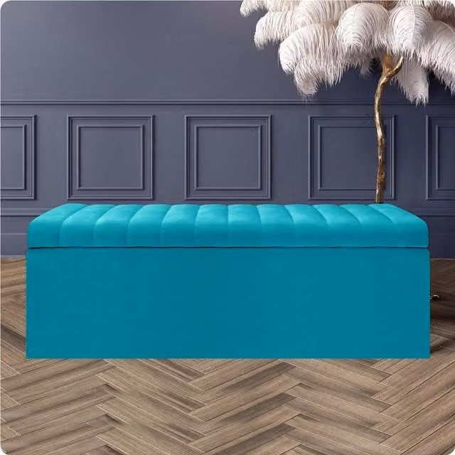R&M Furnishers Safar Ottoman Storage Box, Striped Plush Velvet Upholstered Blanket Chest and End of Bed Bench in Teal