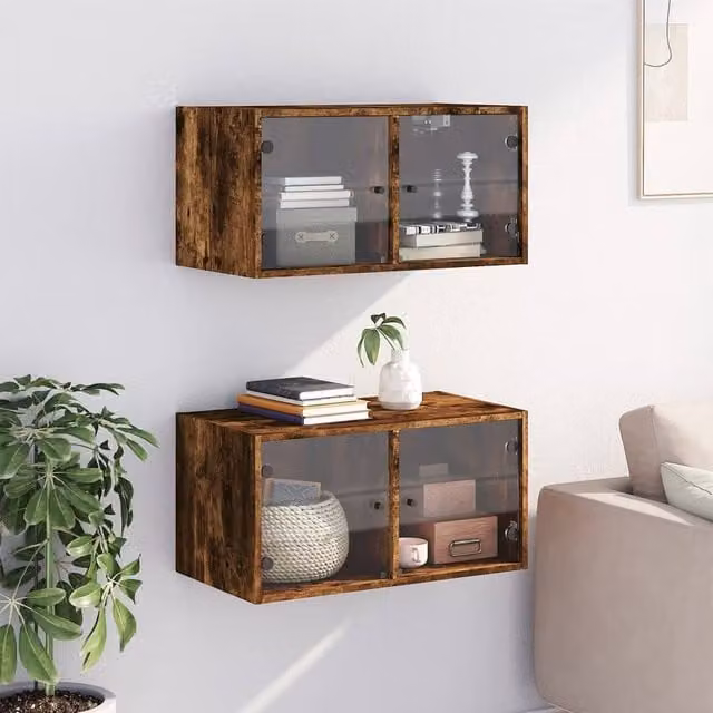 Berkfield Home Wall Mounted Cabinets with Glass Doors, 2 Piece, Smoked Oak, Brown, W: 68.5 cm, D: 37 cm, H: 35 cm