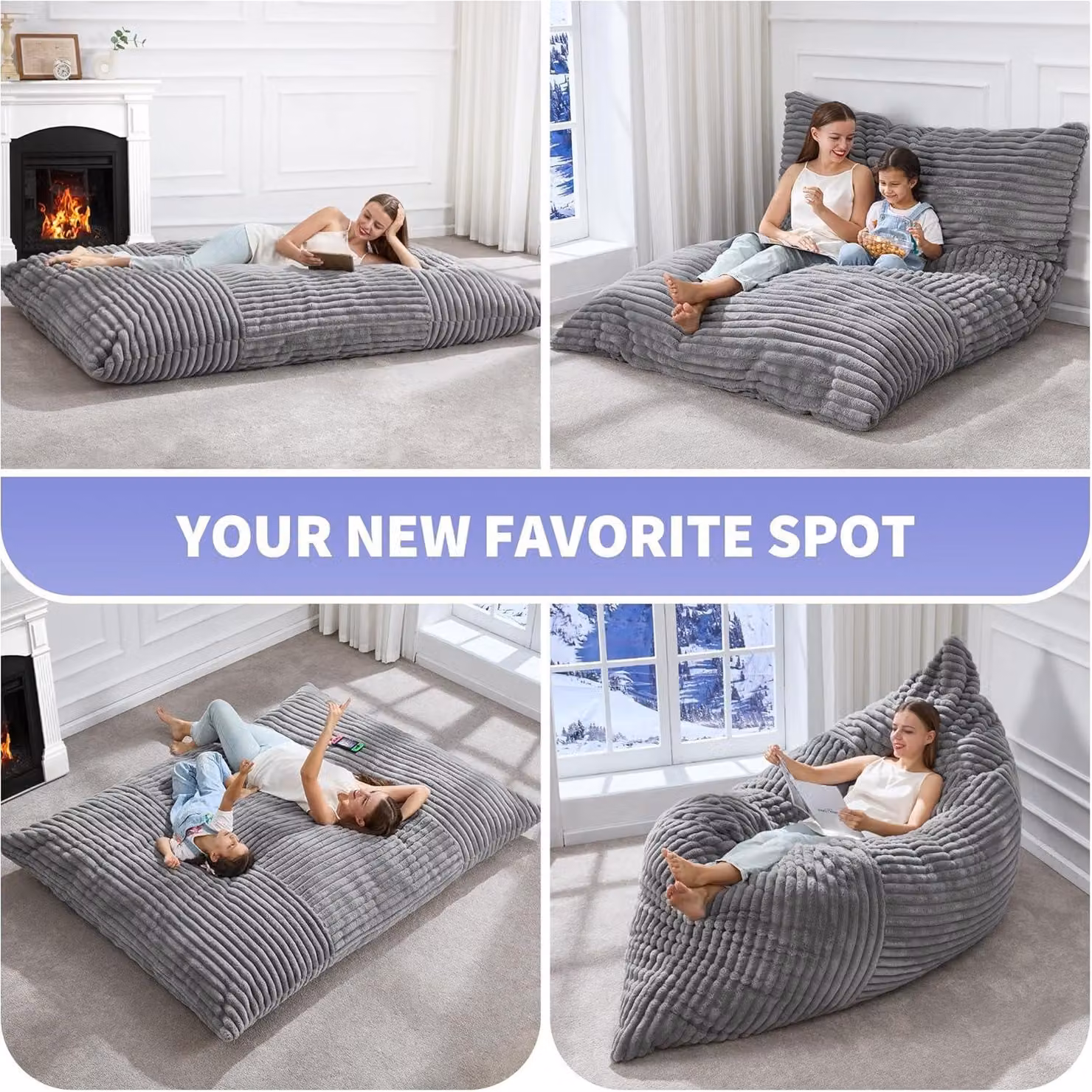 Aosom UK 3-in-1 Convertible Corduroy Bean Bag Chair with Shredded Memory Foam and Removable Washable Cover, Light Grey, W: 132 cm, L: 185 cm – 4