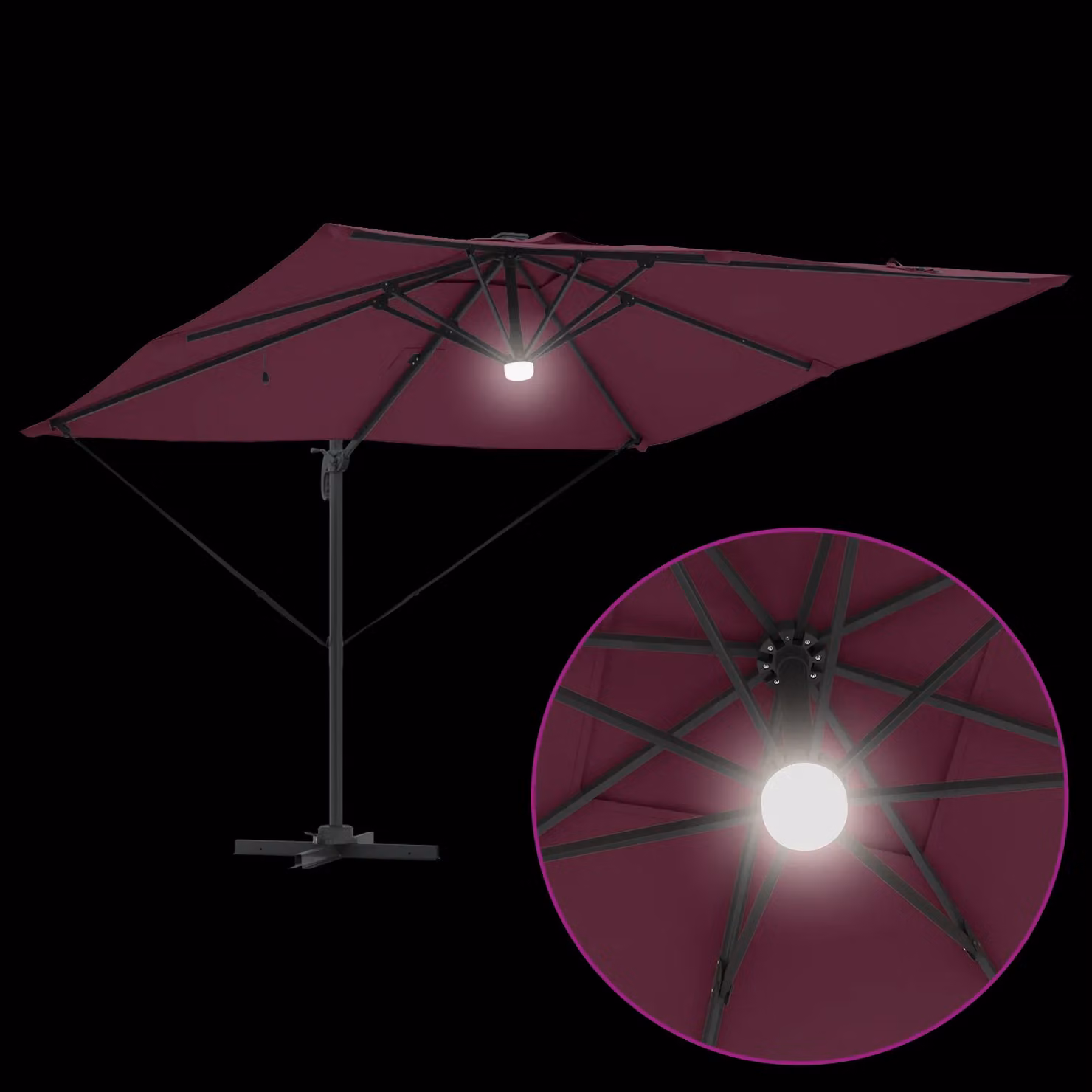 Berkfield Home Roma Cantilever Parasol with LEDs in Bordeaux Red, Aluminium, W/D/H: 285 x 284 x 270 cm – 5