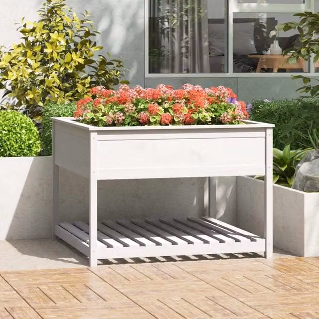 Berkfield White Wooden Raised Planter with Shelf, W/D/H: 111.5 x 111.5 x 81 cm – 1