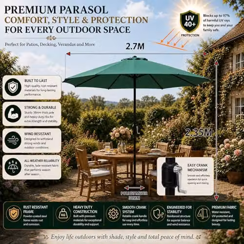GlamHaus Green Garden Parasol Umbrella with UPF 40 Protection and Cover – 2