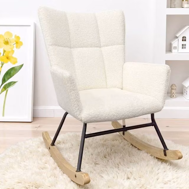 SPETLEK Rocking Chair with White Velvet and Bouclé Cushion