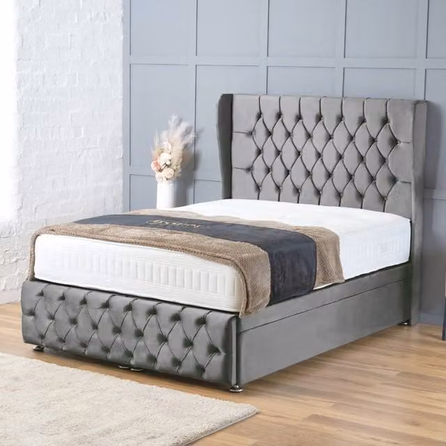 BSSPOKE Bella Ottoman Divan Bed with 54 inch Headboard, Footboard and Mattress in Grey Plush Velvet, Super King, W/D/H: 200 x 200 cm