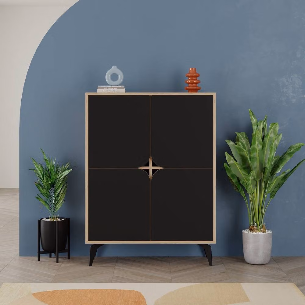 CALICOSY Flora 4-Door Modern Sideboard with Metal Legs in Black and Gold, W: 90 cm – 2