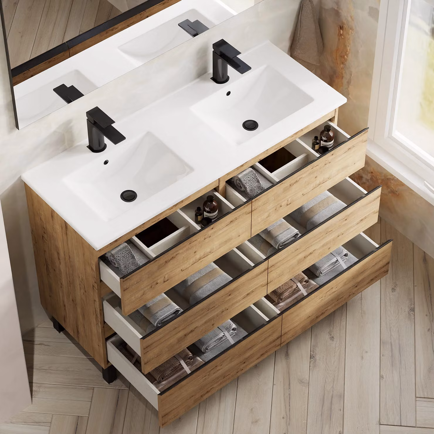 Banyetti Vatilla 1200mm Floorstanding Vanity Unit with Lira Basin in Ostippo Light Oak, W: 120 cm, D: 45 cm, H: 84 cm – 2