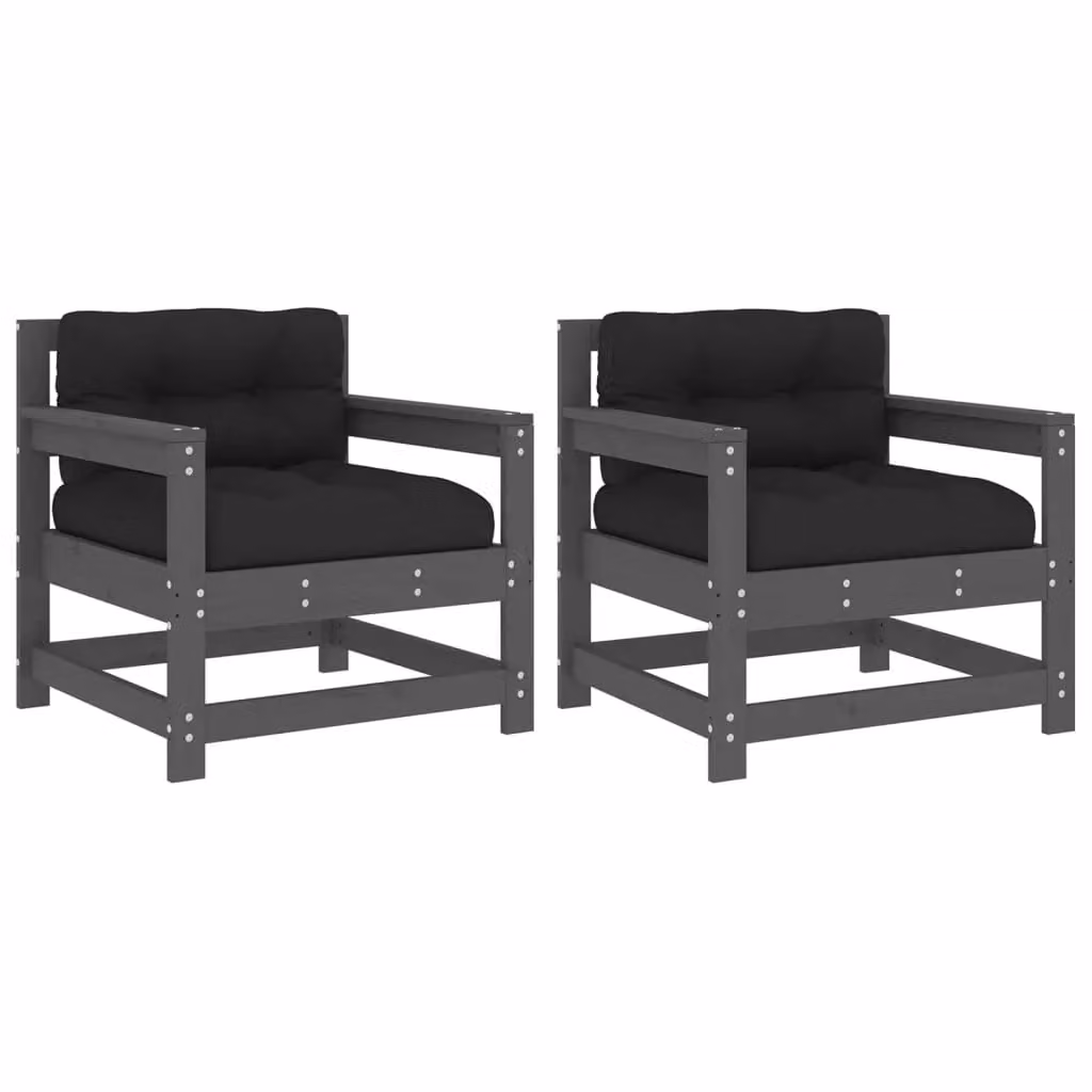 Berkfield Home Set of 2 Grey Rustic Pine Garden Chairs with Armrests and Fabric Cushions – 2