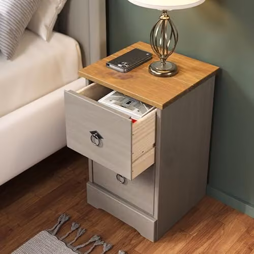 Core Products Corona Classic Pine 2 Drawer Compact Bedside Cabinet in Grey and Waxed Wood – 3