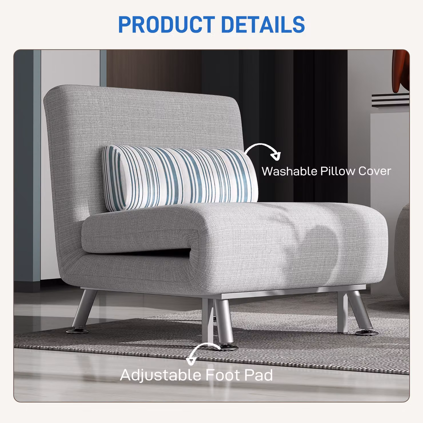 HOMCOM Single Sofa Bed with Pillow, Grey Foldable Fabric Sleeper with Metal Frame – 6