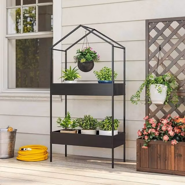 EONLION 2 Tier Metal Plant Stand in Matt Black for Indoor and Outdoor Use, H 100 x W 100 x D 35 cm