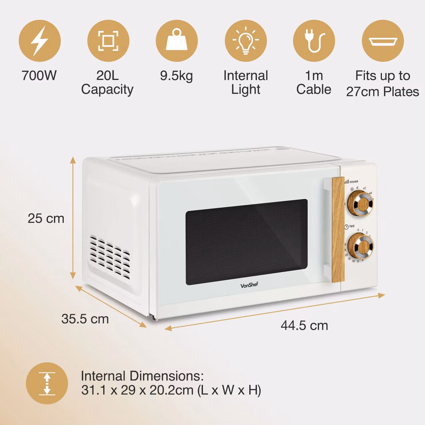 VonShef Fika 20L Solo Countertop Microwave in Cream and Wood – 4
