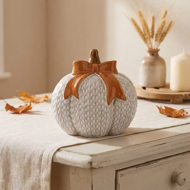 Garden Greatness Checked Pumpkin Orange and White Ceramic Bow Ornament for Autumn and Halloween Tabletop Decor