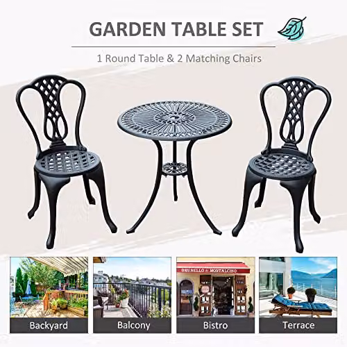 Outsunny 3 Piece Shabby Chic Cast Aluminium Bistro Set in Matt Black with Floral Design – 5