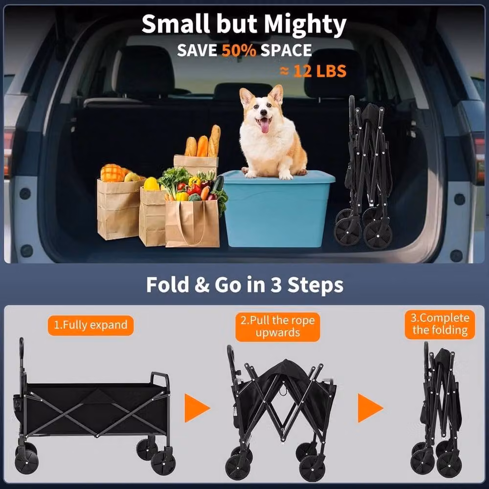 VOGREX Portable Folding Wagon Collapsible Utility Cart, Black, 380 lbs Capacity – 4