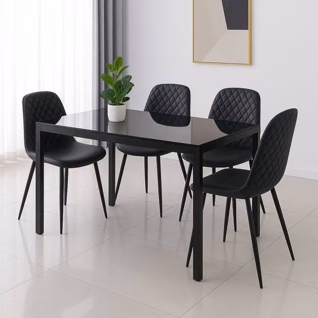 Kosy Koala Modern Black Glossy Glass Dining Table Set with 4 Faux Leather Chairs