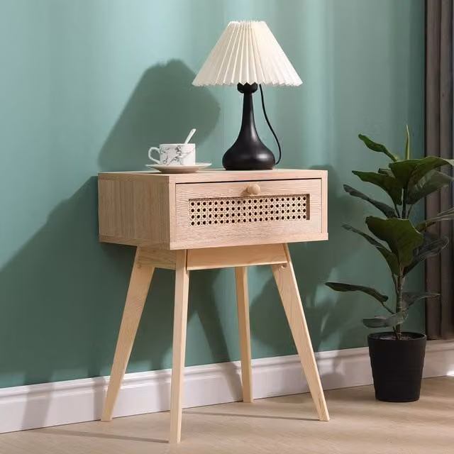 SPOT ON DEALZ Natural Rattan Bedside Table with Drawer in Light Oak