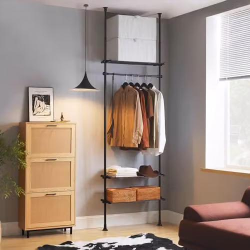 SoBuy Black Telescopic Clothes Rail with Storage Shelves, Width: 52-80 cm, Height: 160-173 cm, Depth: 27 cm – 2