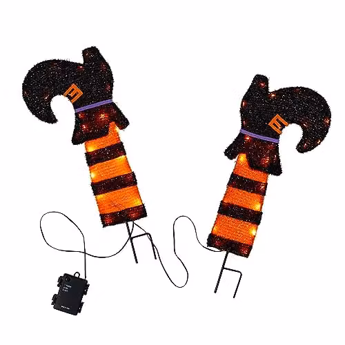 Lights4fun Halloween Witches Legs LED Battery Operated Garden Stake Lights, Black and Orange, Height: 45 cm – 2