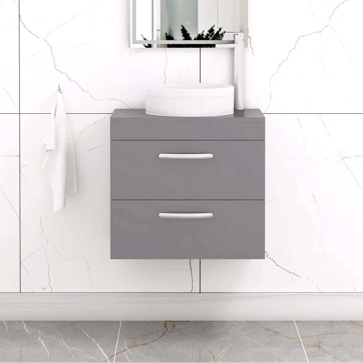 Royal Bathrooms Turin Wall Hung Vanity Unit with 2 Drawers and Round Countertop Basin, Indigo Grey Gloss