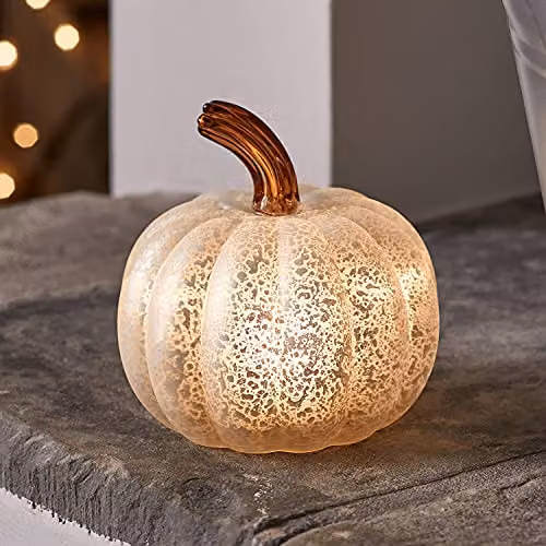 Lights4fun White Mercury Glass Pumpkin Battery Operated LED Autumn and Halloween Tabletop Decoration, H 12 cm – 2