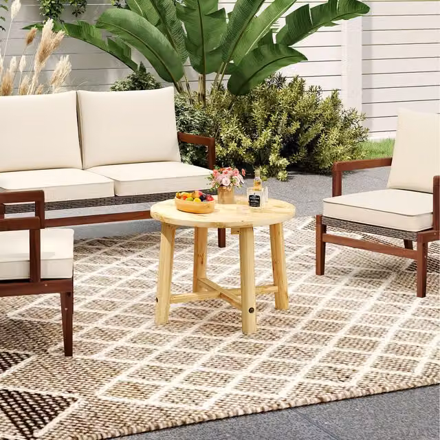 Costway Rustic Pine Wood Patio End Table in Brown and Beige