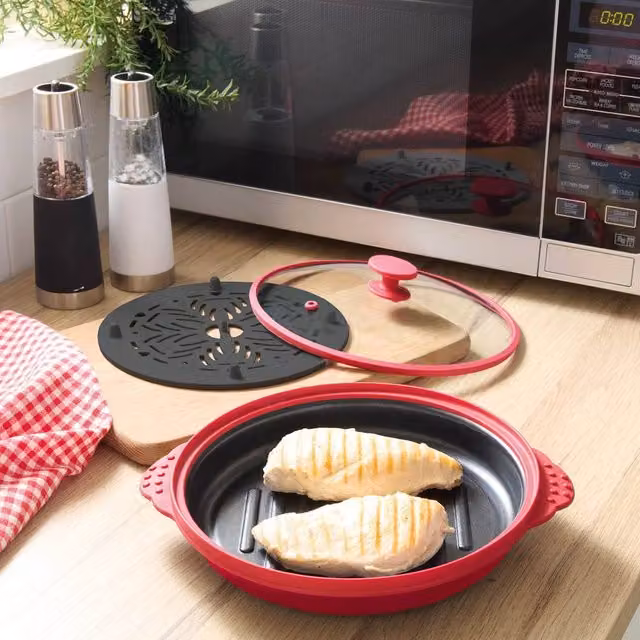 Basilico Red Multicolour Microwave Multi-Cooker with Steamer Pad, Non-Stick Base and Glass Lid