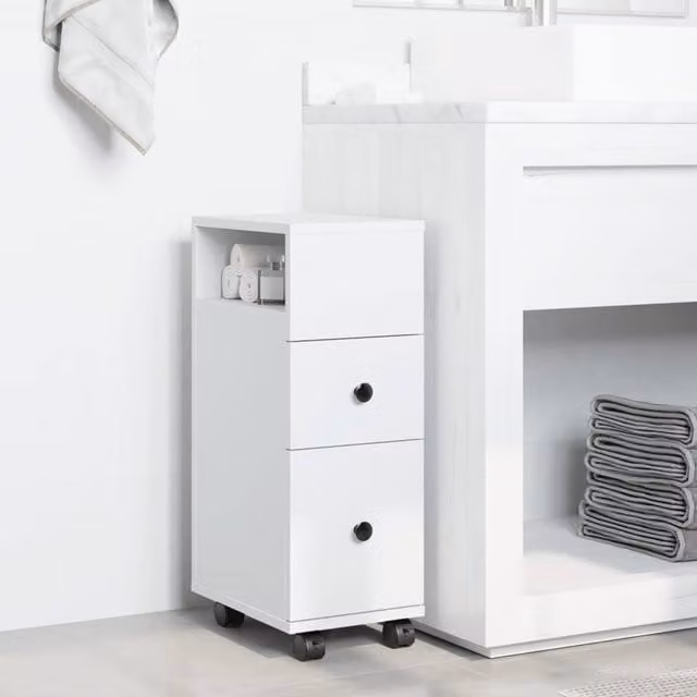 Berkfield Home Narrow Bathroom Cabinet with Wheels in White Engineered Wood, W/D/H: 23.0 x 33.0 x 65.0 cm