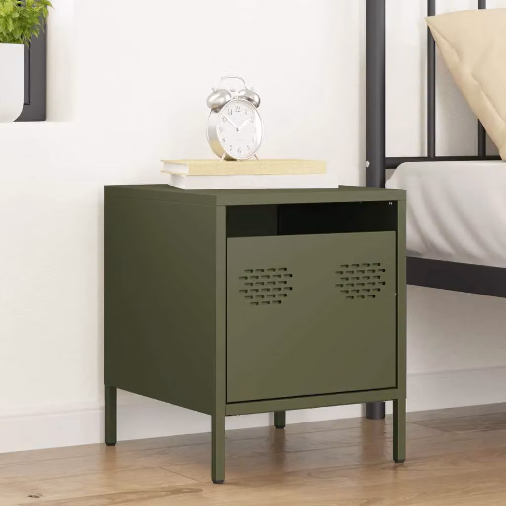 Berkfield Home Industrial Metal Bedside Cabinet in Matt Olive Green, W/D/H: 35 x 39 x 43.5 cm – 2