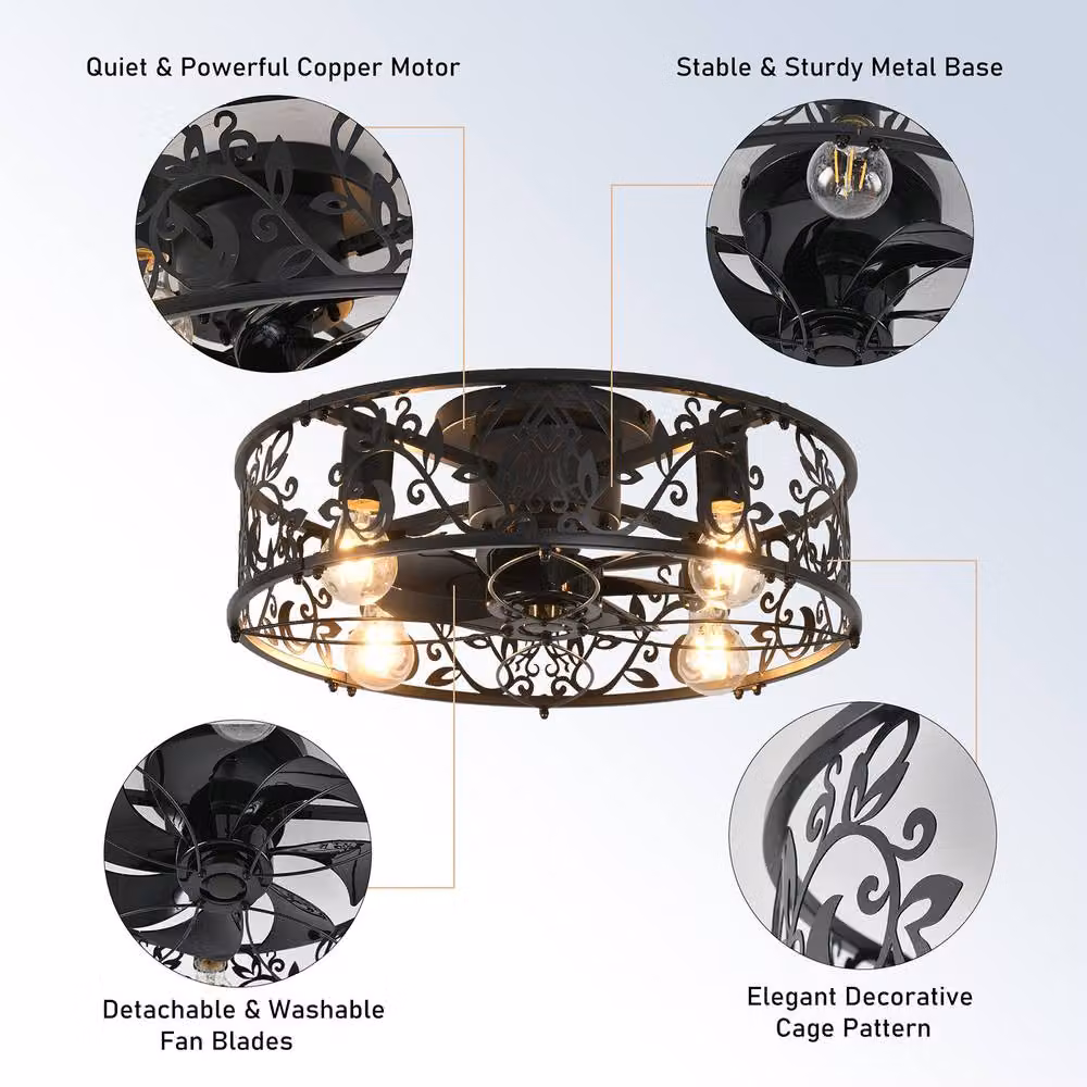 NIVOR Industrial Caged Ceiling Fan Light in Black with Remote Control and Timer – 6