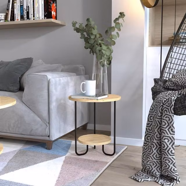 FWStyle 2 Tier Round Side End Table in Natural Oak