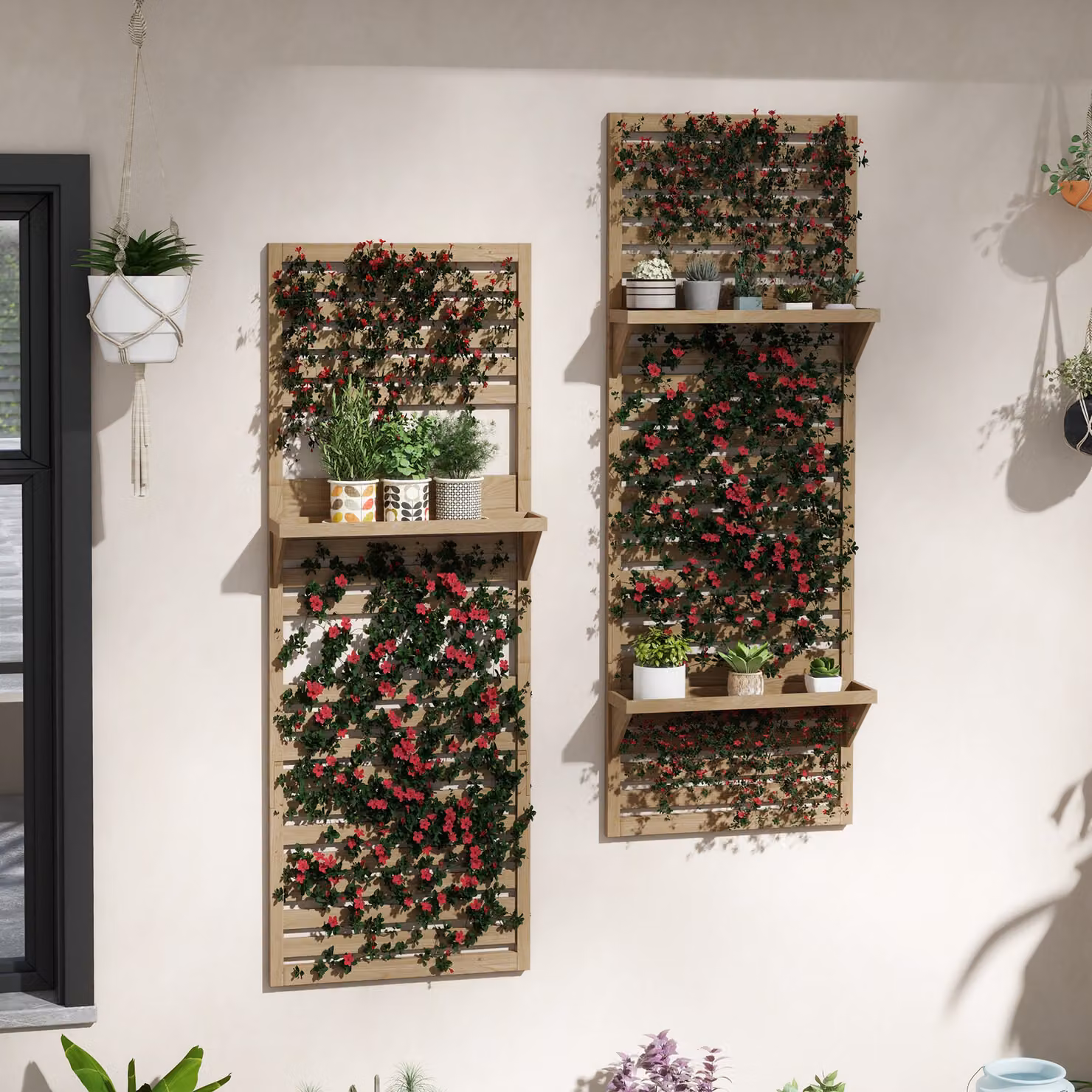Outsunny Set of 2 Brown Fir Wood Wall Mounted Plant Stands with Shelves and Slatted Trellis – 2