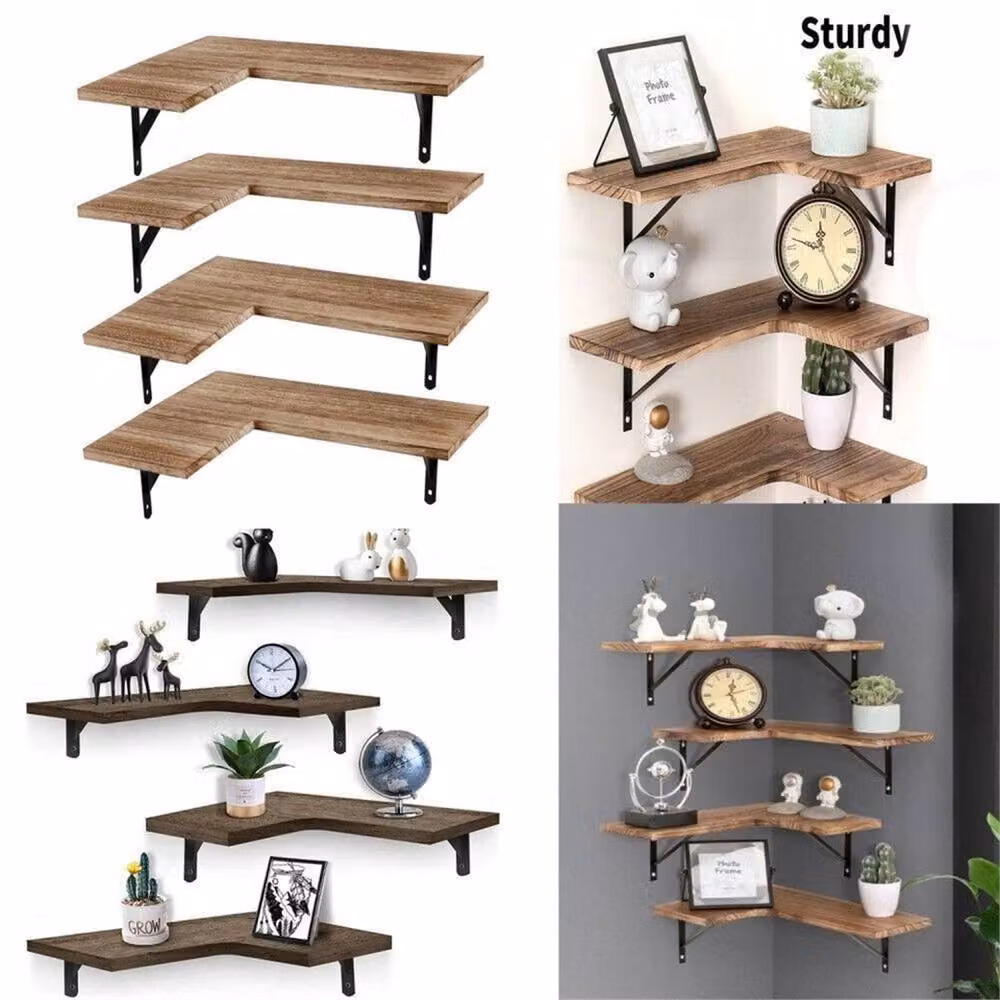 Nordara Brown 4-Piece Wooden Corner Floating Shelves Wall Mounted Display W: 120 cm, H: 90 cm – 2