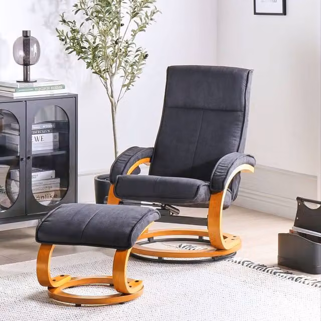 Wyld and Coco Black Retro Motorised Recliner Armchair with Matching Ottoman and Rubberwood Frame – 1
