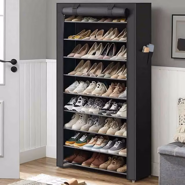 The Bazaarist Extra Wide 10 Tier Shoe Cabinet Cover, Black