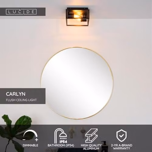 Lucide Carlyn Modern Flush Ceiling Light for Bathrooms, Black, IP54, E14