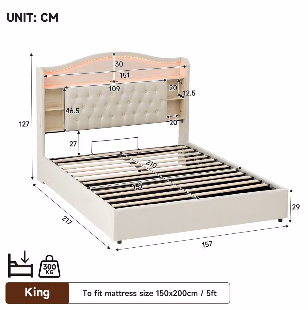 STILVORA King Bed Frame in Beige with Hydraulic Storage, LED Under-Bed Lighting and USB Charging Ports, W/D/H: 180 x 200 cm – 2