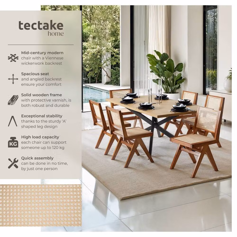 tectake Lizzy Accent Chair Set of 6 in Dark Brown with Dark Oak Wood and Rattan Details – 2